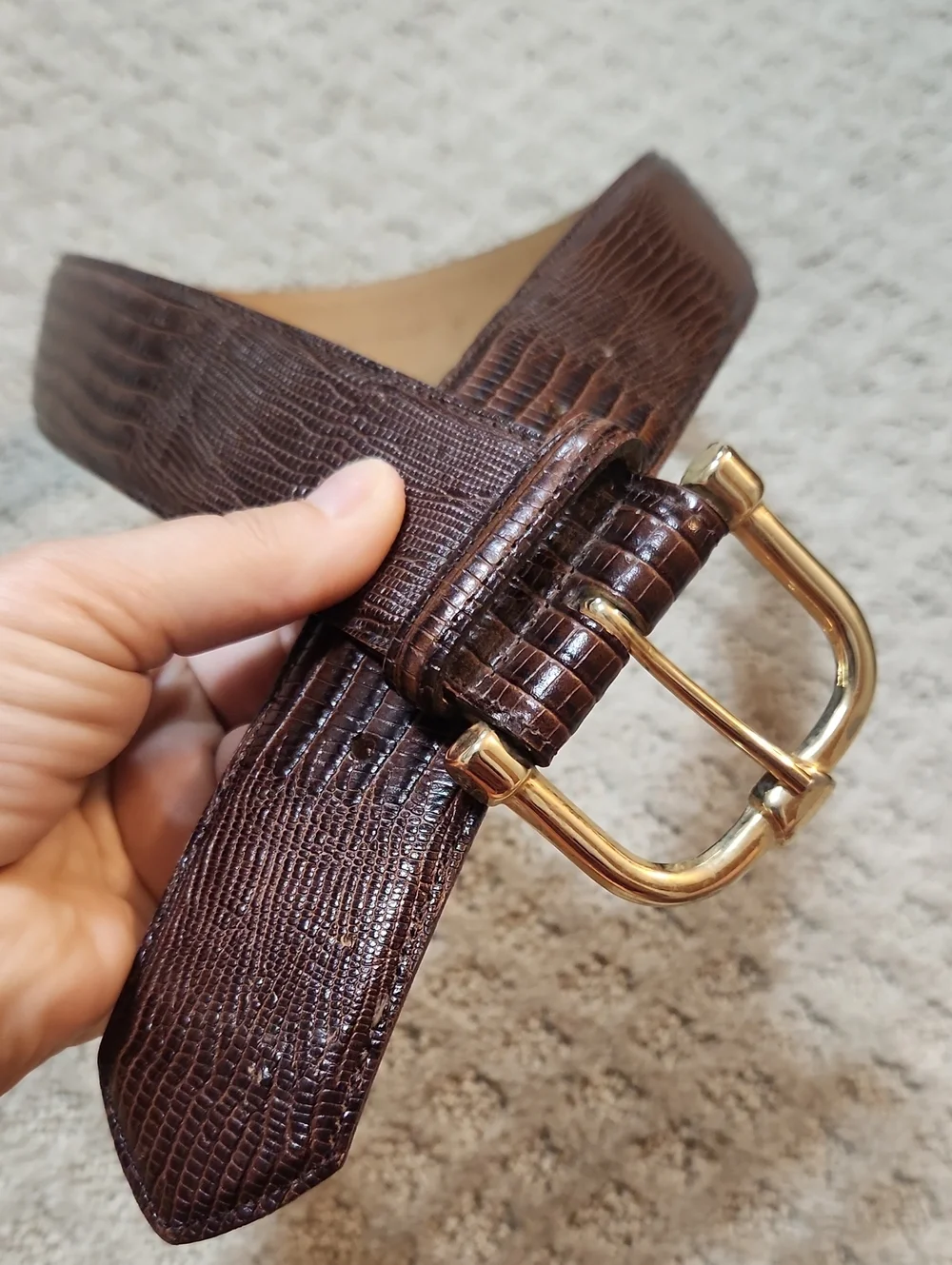 Mark Shale Reptile Embossed Textured Brown Leather Belt Gold Buckle Size Medium